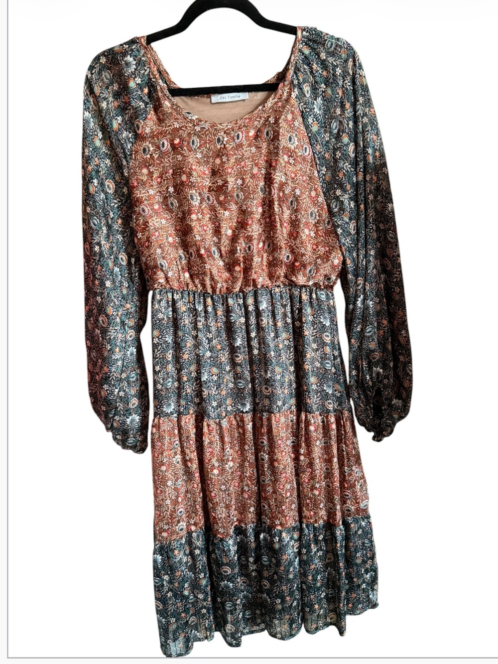 Ces Femme Mixed-Print Tiered Long-Sleeve Dress in Rust and Teal Size Small